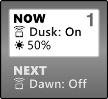 Now: Auto-on at dusk, 50% brightness
Next: Auto-off at dawn