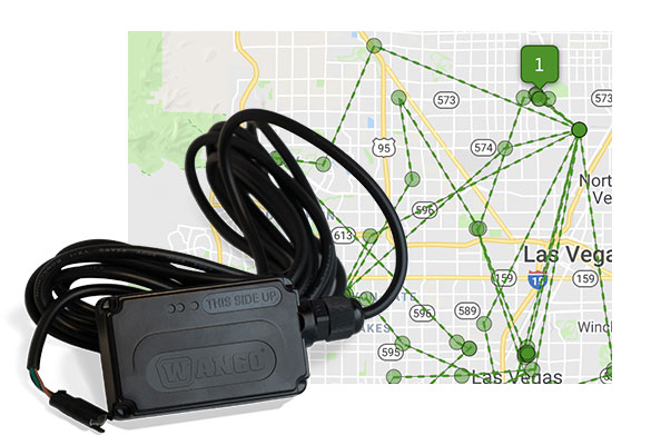Wanco Asset Tracker with a screen capture of a Google map showing equipment locations breadcrumb trail
