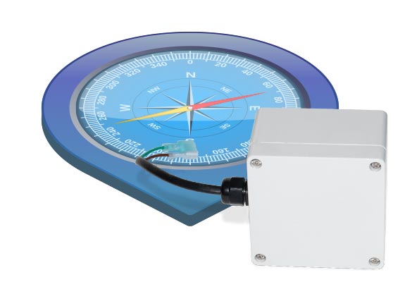 photo of the Wanco Compass device in its housing, with an illustration of an analog compass in the background