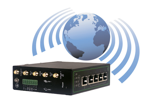 Photo of a Wanco modem with a background illustration of the Earth with wireless symbols radiating outward